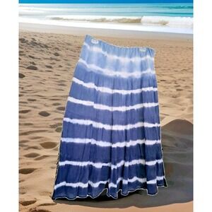Chaps Midi Skirt L Blue Tie-Dye Tiered Pull-on Lined Beachy Boho Hippie Festival